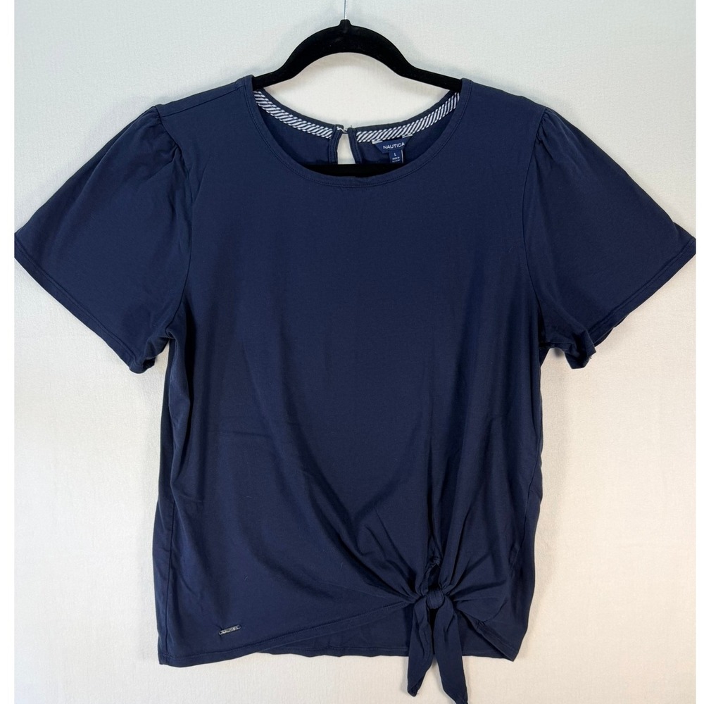 Nautica Womens Navy Blue Short Sleeve Front Tie Knot Top Keyhole Back Size L